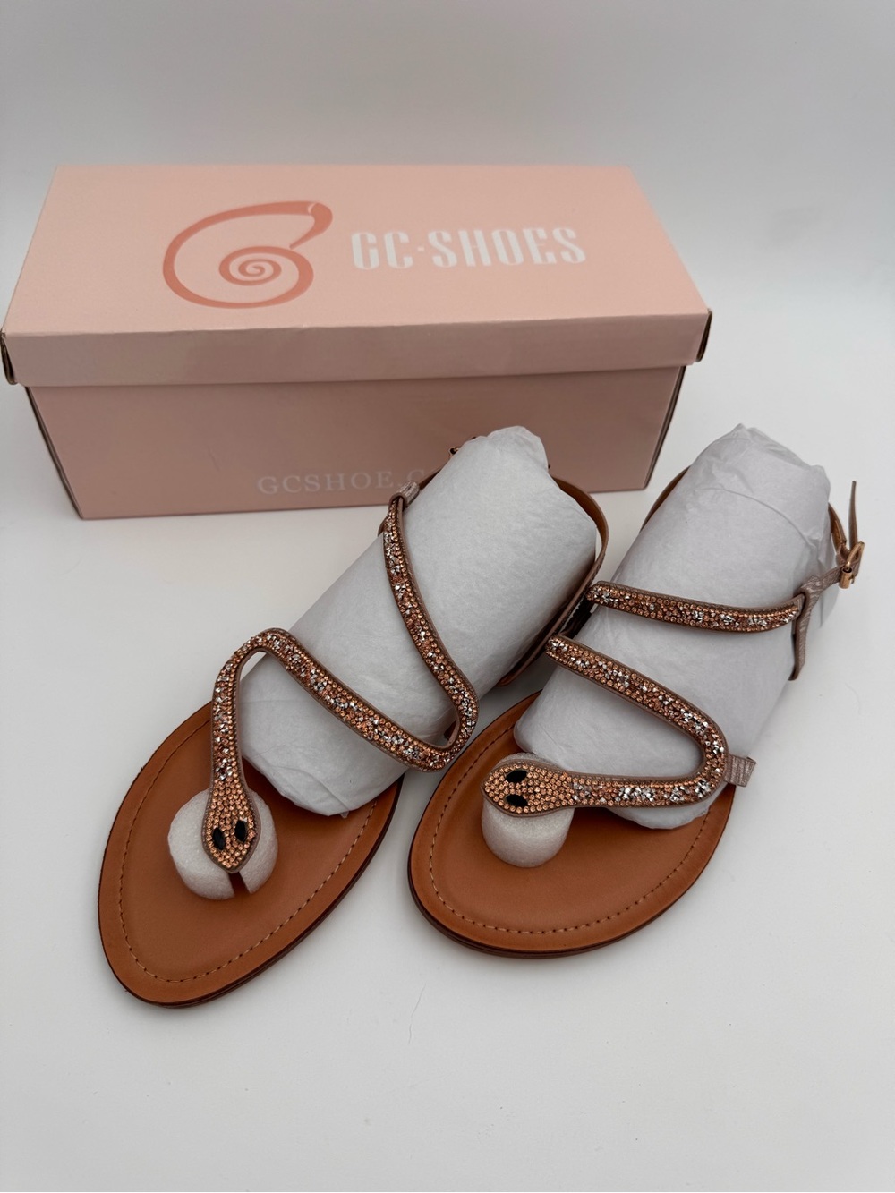 Women's Rose Gold Embellished Snake Strap Sandals